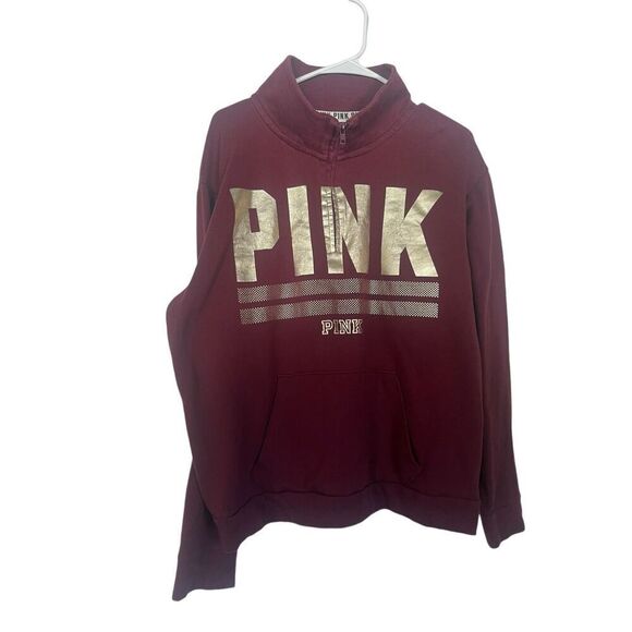 PINK Victoria’s Secret Womens Maroon Quarter Zip Pullover Sweatshirt Size Large - Picture 7 of 11